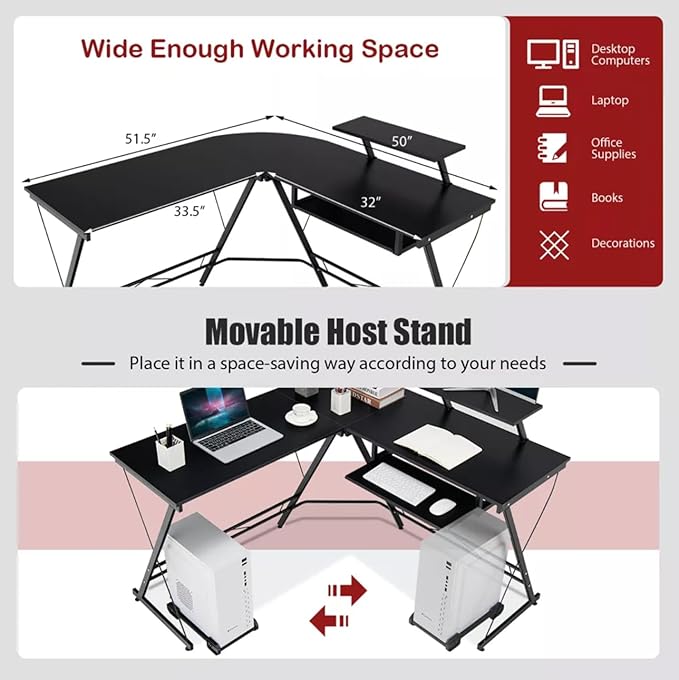 Office Gaming Corner Desk with Keyboard Tray and CPU Stand,Glass L Shaped Computer Home Desk,3-Piece PC Laptop Study Writing Workstation Table by XXFBag - Black