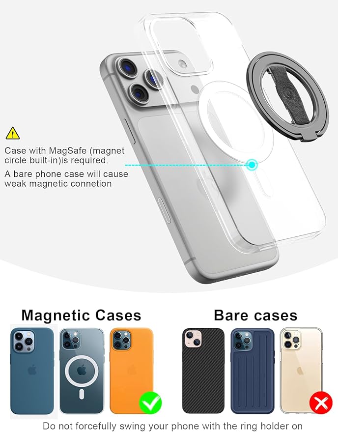 EWA MagOne 3rd Gen [Compatible with MagSafe] Phone Grip Stand with Finger Strap, Removable Magnetic Ring Holder Kickstand Loop for iPhone 17,16,15,14,13,12 Series (Black)