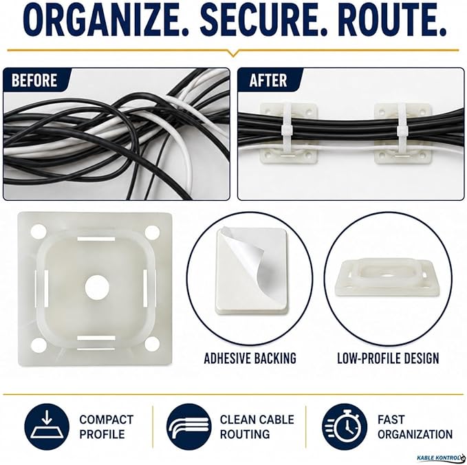 Kable Kontrol Zip Tie Mounts, 1-1/2” Sq, Natural White, 100 Pcs, Adhesive Backed Multi-Purpose Mounting Squares Nylon Cable Tie Wrap Anchor Pads for Cable Management