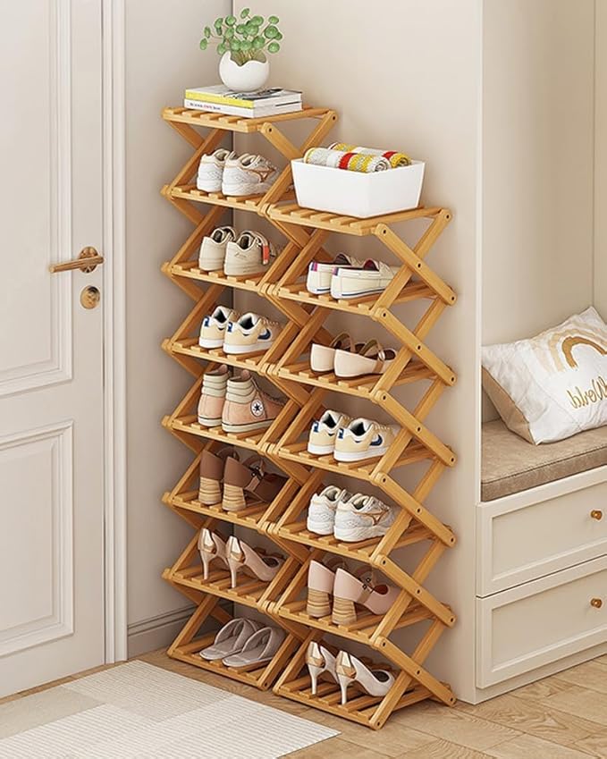 YYW Shoe Rack, Foldable Bamboo Shoes Shelf, Freestanding Shoe Storage Organiser for Entryway, Hallway, Bedroom, Closet (Wood Color, 6 Layers)