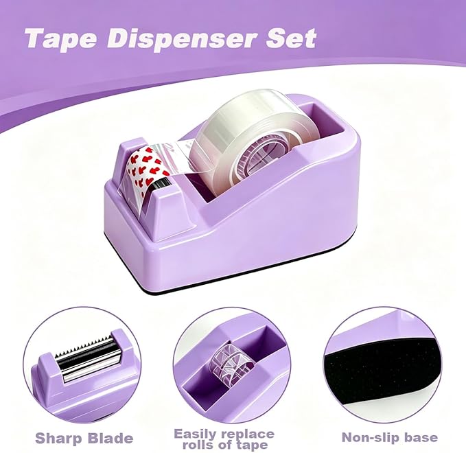 Office Supplies Set Rotating Pen Holder for Desk with Stapler Staple Remover Tape Dispenser 2pcs Tape Refills Binder Paper Clips Kit Scissor Pen Ruler & Sticky Tabs Pink Office School Supplies(Purple)