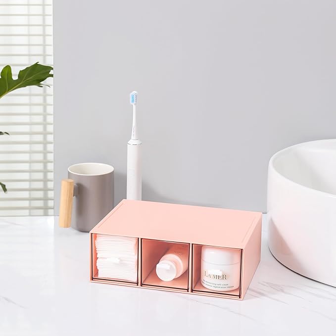 MILULUGO Plastic 3 Drawer Organizer for Cosmetic Storage, Desk Organizer, Makeup Organizer for nail polish, Lipstick, Brushes, Jewelry, Skincare, Bathroom Organization Boxes - Pink