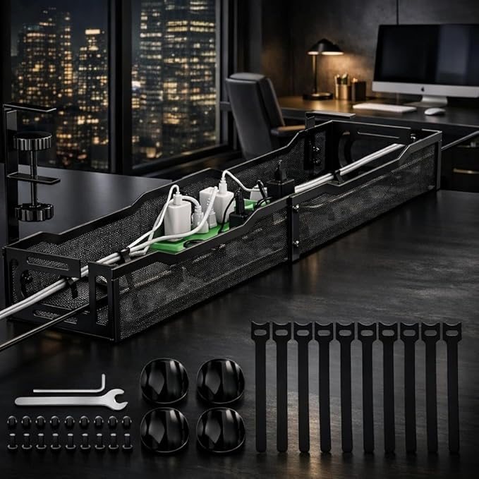 Under Desk Cable Management Tray – 25” Metal Cable Organizer with Clamp Mount, No Drill Wire Management Rack for Office & Home Desk (Black)