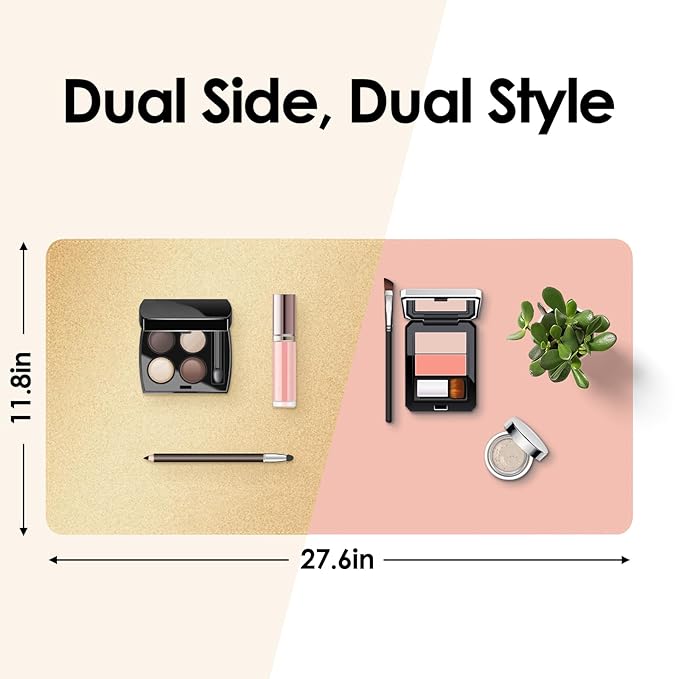 Makeup Mat for Vanity to Protect Desk Top 27.6 x 11.8in, Dual-Sided Makeup Mat, Easy to Clean Desk Pad - Waterproof and Oilproof Vanity Accessories (Gold and Pink)