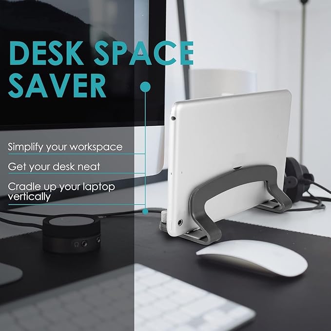 LOTEYIKE Aluminum Vertical Laptop Stand, MacBook Pro Laptop Vertical Stand Dock Holder with Adjustable Slot Fits All Laptops Notebook Tablets MacBook Air- Save Space & Improve Airflow, Grey