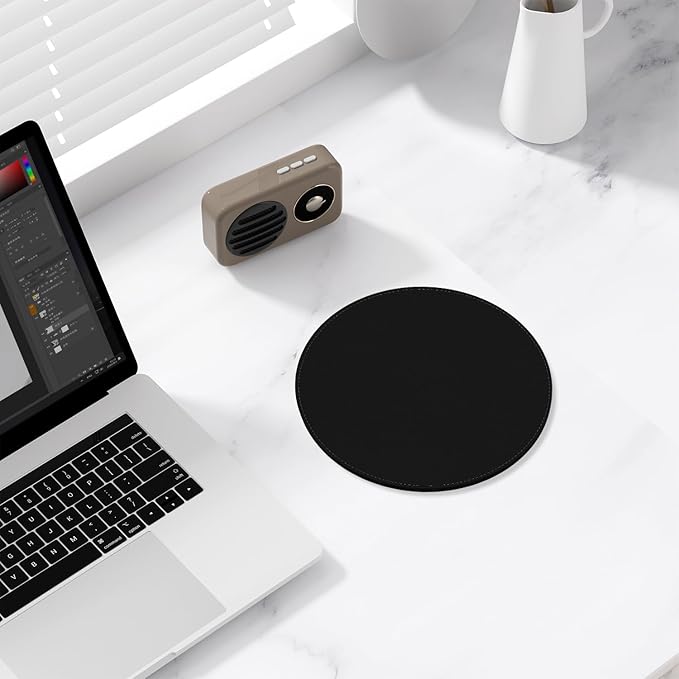 Leather Mouse Pad, Office Mouse Mat Non-Slip Rubber Base Stitched Edge Washable Waterproof Round Mousepad for Office Gaming PC Laptop, Round Diameter 8.7 inches, Black