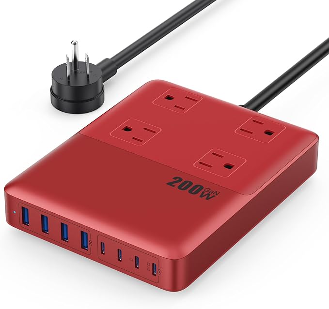 200W Charging Station,12-in-1 USB C Power Strip with Flat Plug and 5ft Extension Cord,4 AC Outlets,4 USB-A,4 USB-C Ports for iPhone 17/16/15,65W PD Fast Laptop Charger for MacBook,Home,Office (Red)