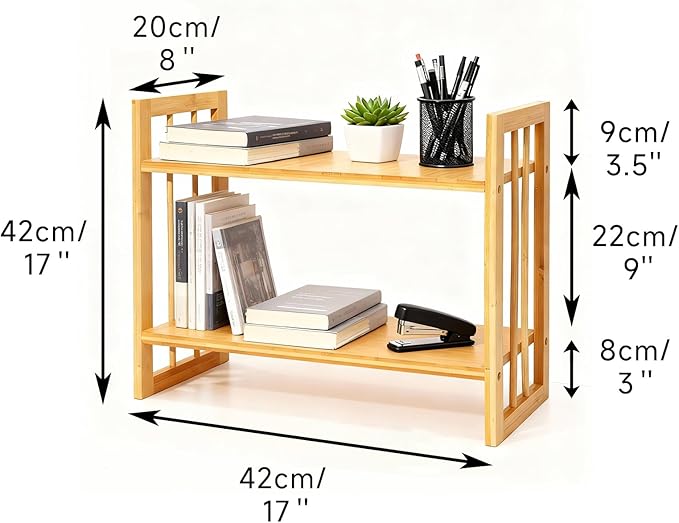 Desktop Shelf Organizer, 2 Tier Bamboo Desk Bookshelf, Desk Top Storage Rack for Office, Dorm, or Bedroom Decor, Small Tabletop Shelf for Books, Plants & Accessories