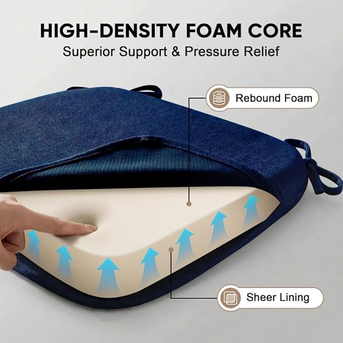 Chair Cushions Set of 6, D-Shaped Seat Cushion for Chair, Non Slip Chair Pads with Ties, 17" x 16" x 2", 40D Foam, Removable Washable Cover, Seat Cushions for Kitchen Chairs, Dark Blue