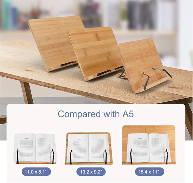 wishacc Bamboo Book Stand for Reading, 13.2" x 9.2" Premium Wooden Cookbook Holder and Recipe Stand for Kitchen Counter, Foldable Adjustable Desk Easel with 5 Angles for Textbooks, Sheet Music, Tablet