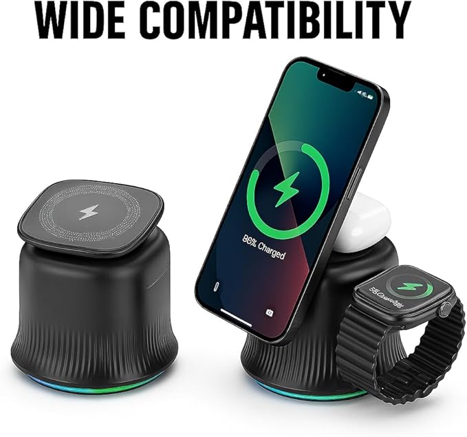 2026 3 in 1 Wireless Charging Station for Apple MagSafe Charger, 15W Fast Magnetic MagSafe Charger Stand for iPhone 17 16 15 14 13 12 Apple Watch AirPods Series (Black), Gifts for Men