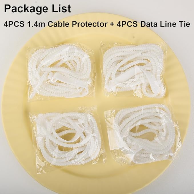 4pcs 1.6M(5.25FT) Spiral Cable Protector, Multicolor Suitable for Most Phone/Pad/Laptop USB Wire Cord Savers Protection Cover Anti-Break Wrap Charger Data Line Cables Sleeves, Pearl White