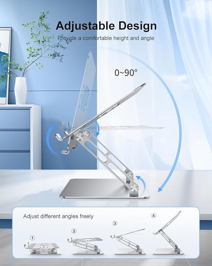 JOIOT Adjustable Laptop Stand, Ergonomic Computer Riser, Aluminum Laptop Stand for Desk, Portable Notebook Stand, Laptop Riser Holder, Compatible with 10-17.3'' Laptops & Tablets, Silver