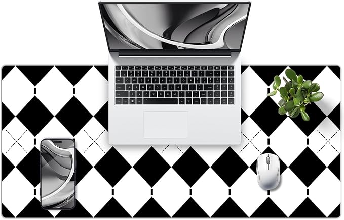 Checkered Desk Pad – PU Leather Desk Pad Protector, Non-Slip Office Desk Mat for Desk, Waterproof Desk Blotter Pad, Easy Clean Laptop Writing Mat for Work/Home/Decor (35.4" x 15.7", White Black)
