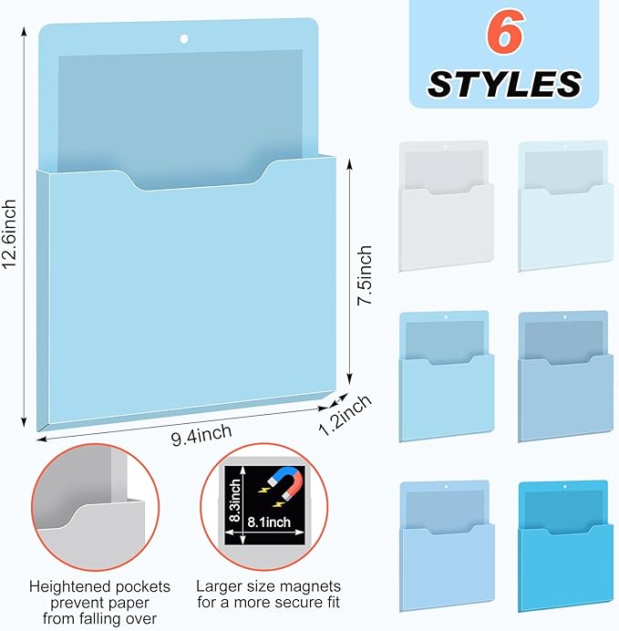 Fuutreo 6 Pcs Magnetic Wall File Organizer Magnetic Wall File Holder Refrigerator Magazine Holder for Mail Letters Paper(Ocean Color,Vertical-large)