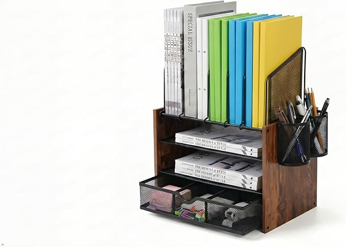 Wooden Desk Organizer - 4-Tier Desktop File Organizer with Drawer, Wooden Paper Tray, Vertical File Holders & 2 Pen Holders - Office Desk Organizer for Papers, Mail, Notebooks, Stationery