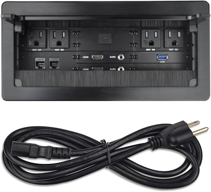 Tabletop Multimedia Connectivity Box with 4 AC Power+2 HDMI+2 RJ45+1 USB3.0 Port +1 USB-C +2 Audio with 5.58ft Power Cord for Conference Room (Black)