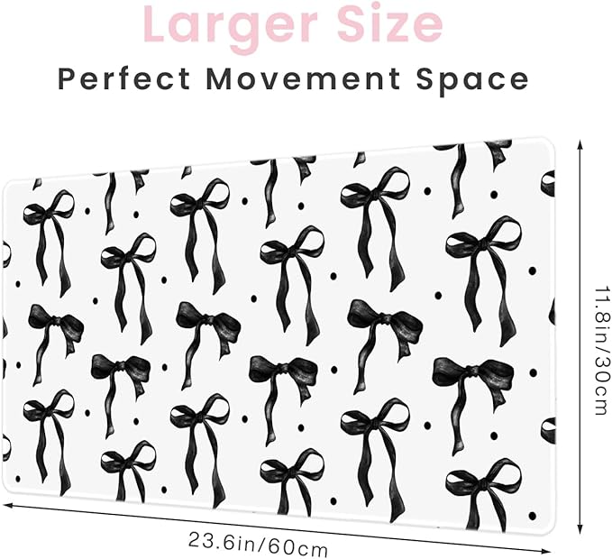 White Mouse Pad Black Bows, Cute Desk Mat Keyboard Pad for Computer Laptop Non-Slip Rubber Base, Stitched Edge, Black Office Pad Desk Accessories Girly Desktop Decor for Girls Women 23.6 x 11.8in