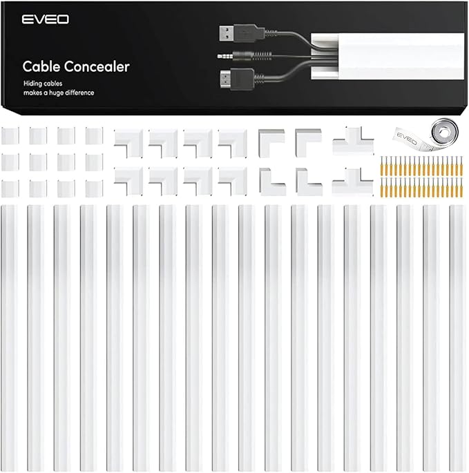 EVEO Cord Hider - 300” Cord Cover Wall Cable Hider, Cable Concealer, Wire Hiders for TV on Wall. Cable Management, Cord Hider Cable Raceway Wire Covers for Cords (White, Large)