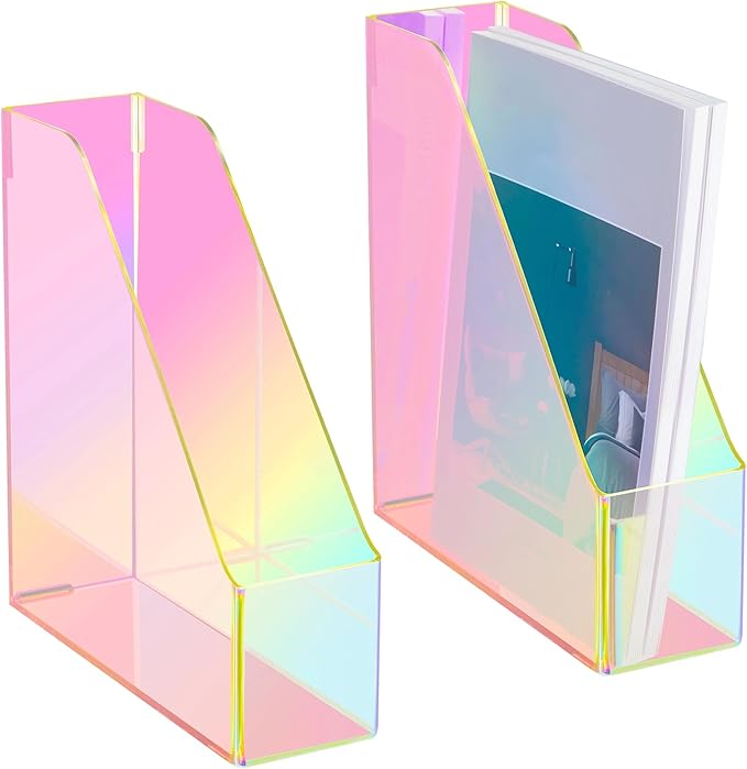 Engrowtic 2 Pcs Iridescent Vertical Magazine File Holder Acrylic Magazine Holder Storage Organizer Plastic Clear Acrylic Rack for Office Classroom Home Document Paper Book Collection