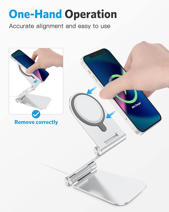 OMOTON Stand for MagSafe Charger, Foldable Phone Stand Holder for MagSafe Accessories， Compatible with iPhone 17/16/15/14/13/12 Pro Max/iPhone Air, [Charger for MagSafe Not Included], Silver