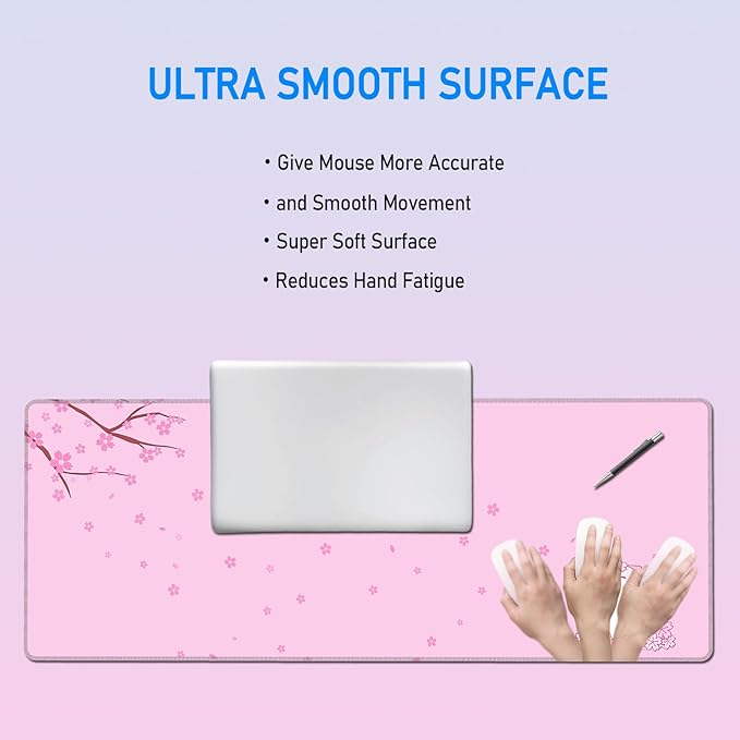 Cherry Blossom Cat Pink Mousepad,Cute Large Anime Gaming Desk Mat,Girly Office Decor Accessories Desktop Keyboard Pad for Women Girls,Aesthetic Japanese Sakura Mouse Mat,31.5x12in