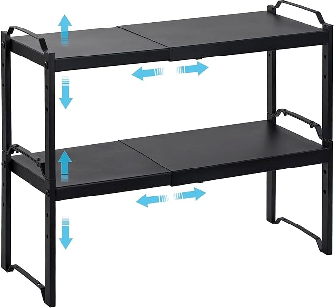 Set of 2 Expandable Kitchen Cabinet Shelf Organizer, Stackable Countertop Cabinet Storage Shelves Organizers For Spice Plate Dish Mug Cups, Adjustable Counter Cupboard Pantry Shelf Organizer