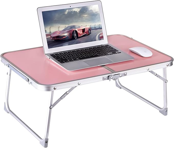 Foldable Laptop Table with Hidden Storage, Portable Bed Tray with Folding Legs for Studying, Reading, Working, Breakfast and Picnic, Lap Desk for Sofa, Couch, Floor & Outdoor Use (Pink)
