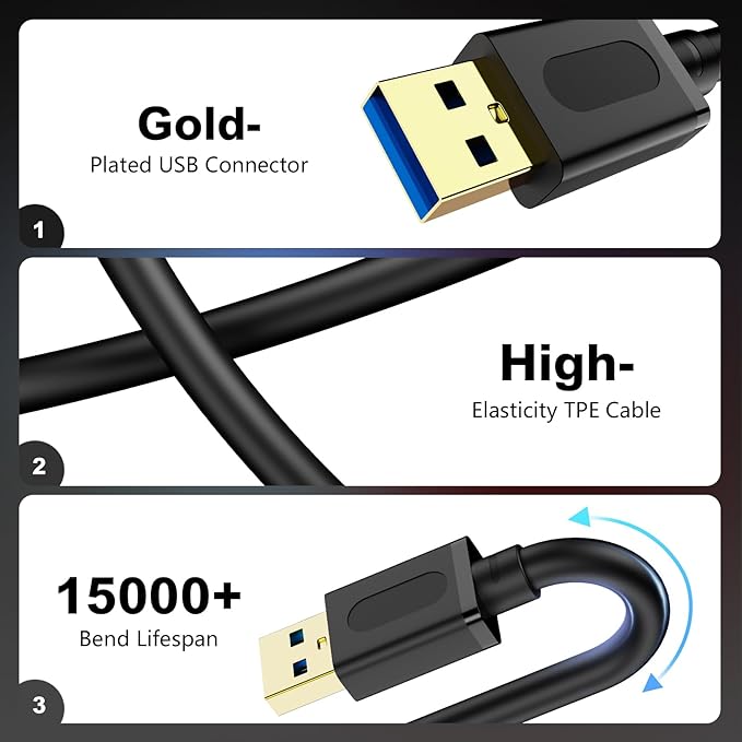 USB 3.0 Male to Male Cable 20Ft,USB to USB Cable with Gold-Plated Connector for Hard Drive Enclosures, DVD Player, Laptop Cooler(20ft/6M)