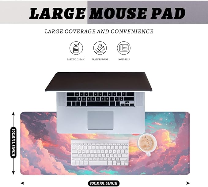 Cartoon Sky Gaming Mouse Pad Retro Comics Colorful Clouds Planets Desk Mat, Non-Slip XL Computer Big Mouse Mat with Keyboard Pad for Work, Gamer, Office, Home 31.5x11.8 in