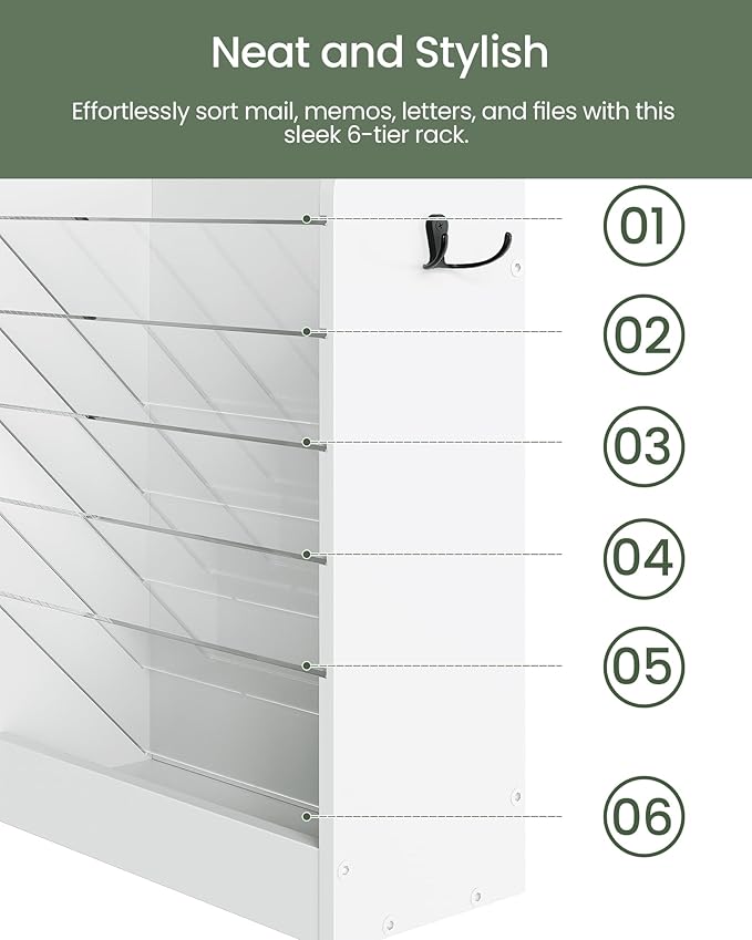 CHOEZON Wall File Holder, 6-Tier File Organizer, Office Supplies Storage Rack, Versatile Desktop Organizer, with Detachable Shelves, with Side Hooks, for Living Room, Study, Home Office, White MWJ02WB