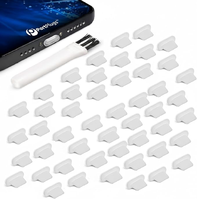 PortPlugs Dust Plugs for iPhone, Compatible with Lightning Port, Low Profile with Cleaning Brush, Keeps Charging Port Clean from Dust Lint, Fits iPhone 14 to 7, iPad AirPods | Clear (50 Pack)