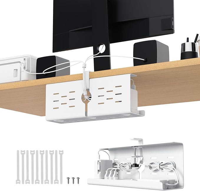KEEGH 16'' Under Desk Cable Management Tray, No Drill Clamp Mount, Sturdy Metal Cable Tray for Power Strip, Cord Management Tray for Home Office, Gaming Desk, Standing Desk, White, 1 Pack