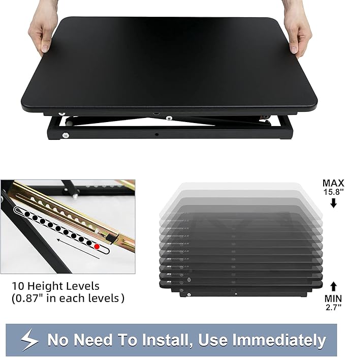 Standing Desk Converter Height Adjustable Stand Up Desk Riser - Supports 300 lbs, Fully Assembled Monitor/Laptop Riser Workstation, Black.