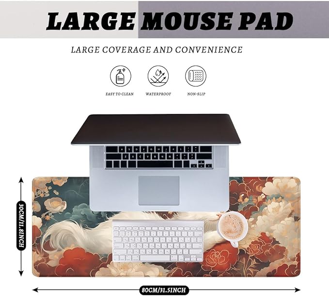 White Cat Mouse Pad Traditional Japanese Auspicious Clouds Extended Mousepad Waterproof Stitched Edges Rubber Base Non-Slip Deskmap Computer Keyboard Mat 31.5x11.8 in