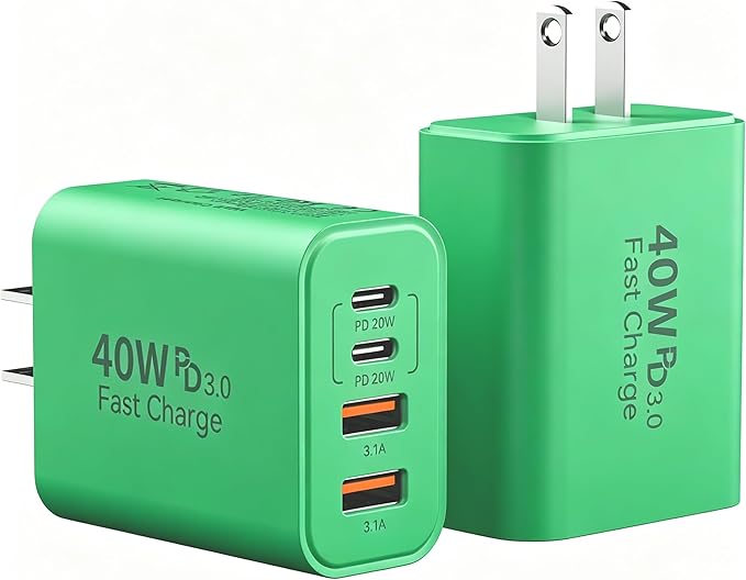 USB C Charger Block, 2Pack 40W 4 Ports Type C Fast Phone Charging Cubes PD Wall Plug+QC 3.0 USB A Charger Head Power Brick Box for iPhone 16/15/14/13/12/11 Pro Max, Pad, Galaxy, Pixel, Deep Green