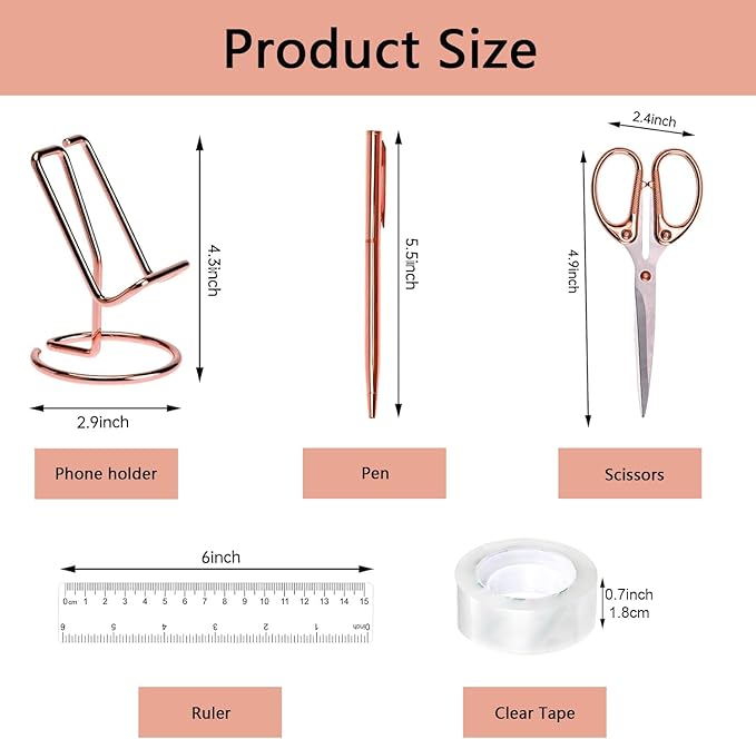 suniya Office Supplies,Rose Gold Desk Accessories,with Stapler,Tape Dispenser,Pen Holder,Scissors,Phone Stand,Staple Remover,Ballpoint Pen,Clear Tape,Staples,Ruler,Clips,Best Gift for Business or Boss