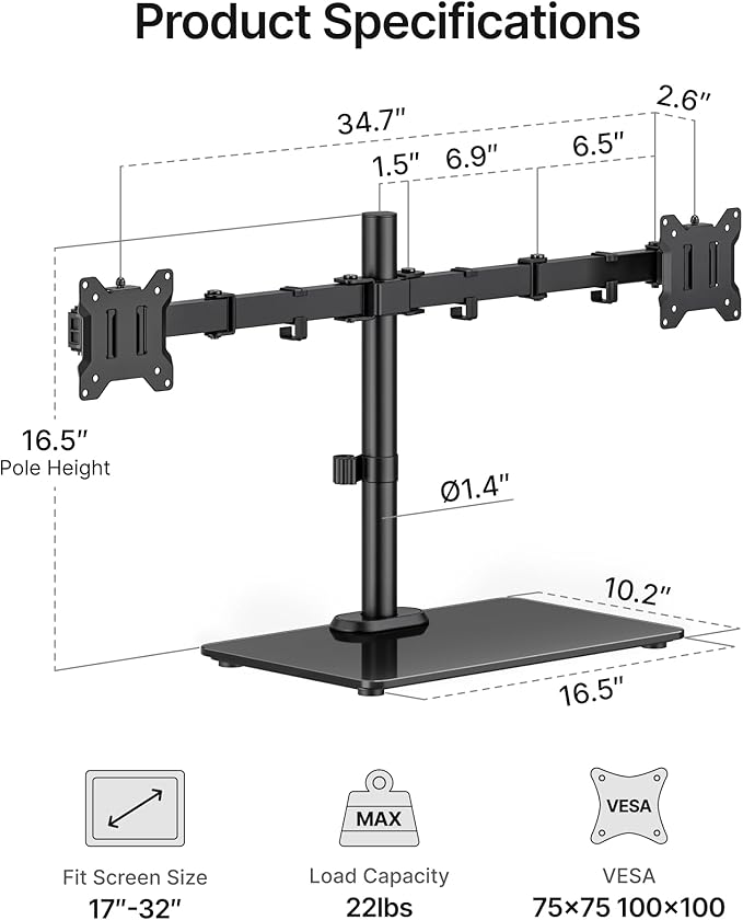 monTEK Freestanding Dual Monitor Stand with Sleek Glass Base for 17-32 inch Screens, Heavy-Duty Dual Monitor Mount Holds 22 lbs per Arm, Fully Motion Height Adjustable, VESA 75/100 MM