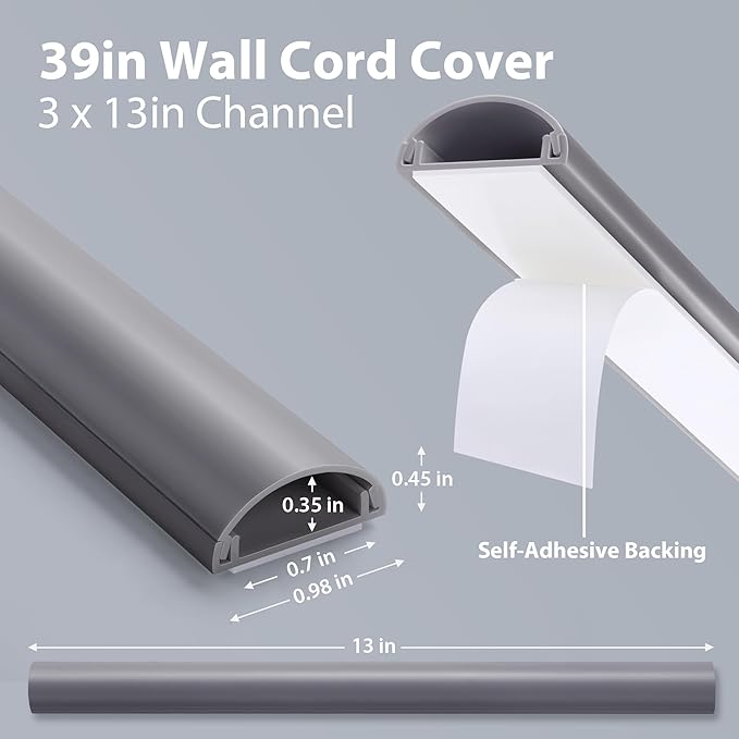 ZhiYo Cord Covers for Wires on Wall, 39in(3 x L13in) Cable Hider for Hiding 1-2 Cables, PVC Wire Covers for Cords on Wall Mount TV in Home or Office, Grey W1in x H0.41in