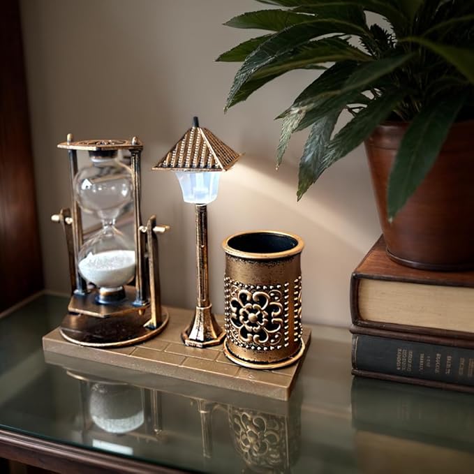 Vintage Style Desk Organizer Set with Hourglass Timer, Decorative Pen Holder, Bronze Finish, pen organizer for desk, vintage office decor, sand timers, desk organizer pen holder