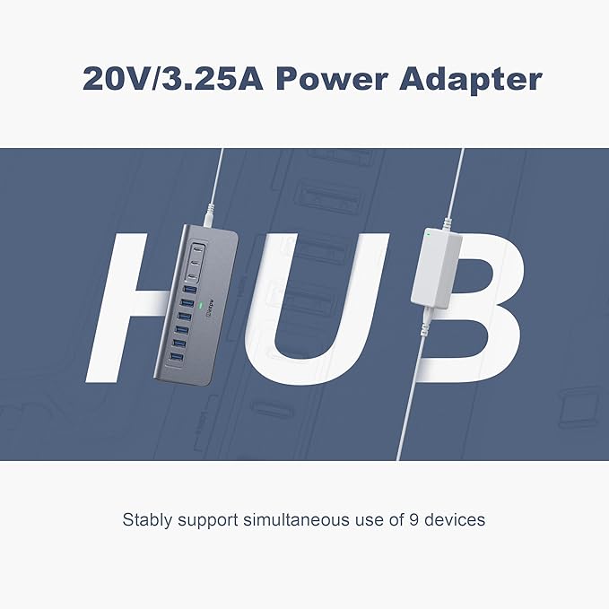 Powered USB Hub 10Gbps, intpw YH6AC 9-Port USB HUB with 10Gbps USB A/USB C 3.2, 4 USB 3.0, 2 PD 45W Charging Port, 65W Power Adapter + 4.92FT Cable, Aluminum USB Hub for Laptop, PC,iPhone 17/16