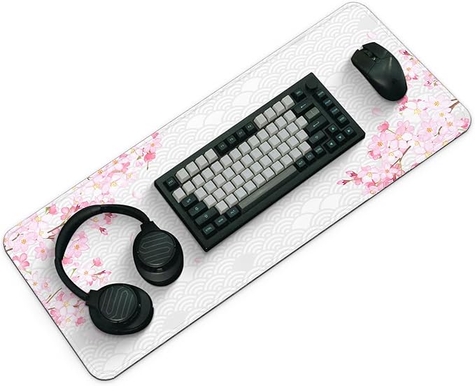 Gaming Mouse Pad with Anti-Slip Rubber Base, Extended Large Computer Mouse Mat with Stitched Edges, Long XL Anime Mousepad for Laptop and Keyboard, 31.5 x 11.8 inch (Grey Cherry Blossom)