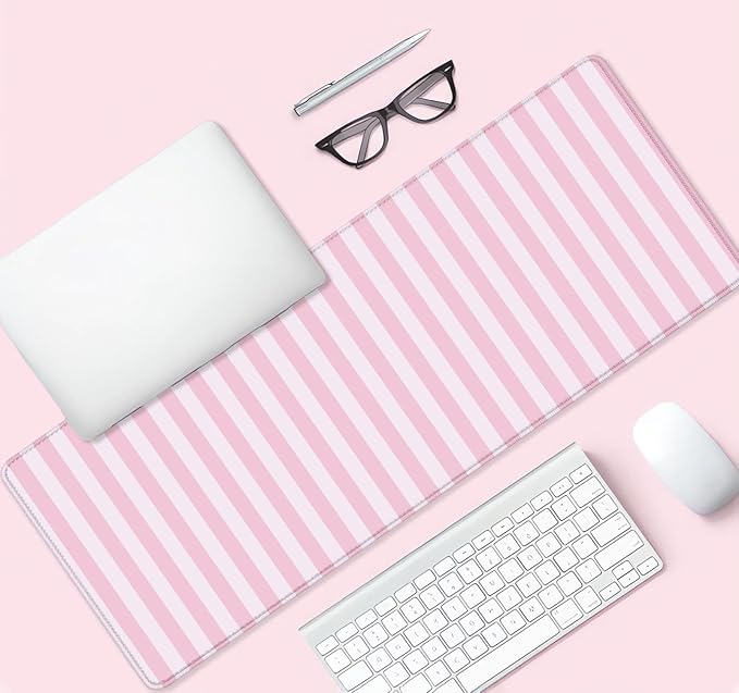 Light Pink Stripe Large Mouse Pad, Cute Pastel Desk Mat, Kawaii Aesthetic Computer Desk Pad, Desktop Mat, Extended Mat for Home Office Desk Decor for Women Gaming Keyboard Pad, 31.5 x 11.8 inch