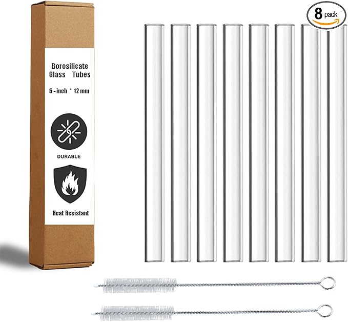 6-Inch Borosilicate Glass Tube, 12mm OD x 2mm Thick, Clear Glass Tubes for Lab, DIY, Art, Science Experiments, 8-Pack with 2 Brushes, Heat-Resistant, Safe for Glass Blowing, Crafting