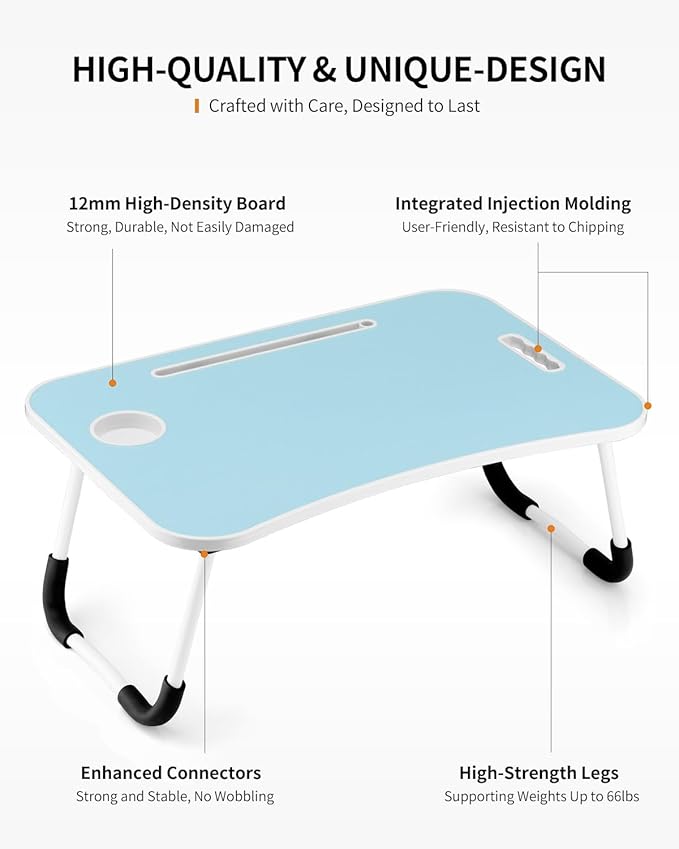 FISYOD Foldable Laptop Table, Portable Lap Desk Bed Table Tray, Laptop Stand with Cup Holder & Tablet Slot & Lifting Handle for Working Writing Drawing & Eating (Light Blue)