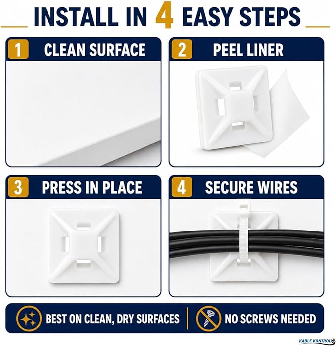 Kable Kontrol Zip Tie Mounts, 1/2” Sq, Natural White, 100 Pcs, Adhesive Backed Multi-Purpose Mounting Squares Nylon Cable Tie Wrap Anchor Pads for Cable Management