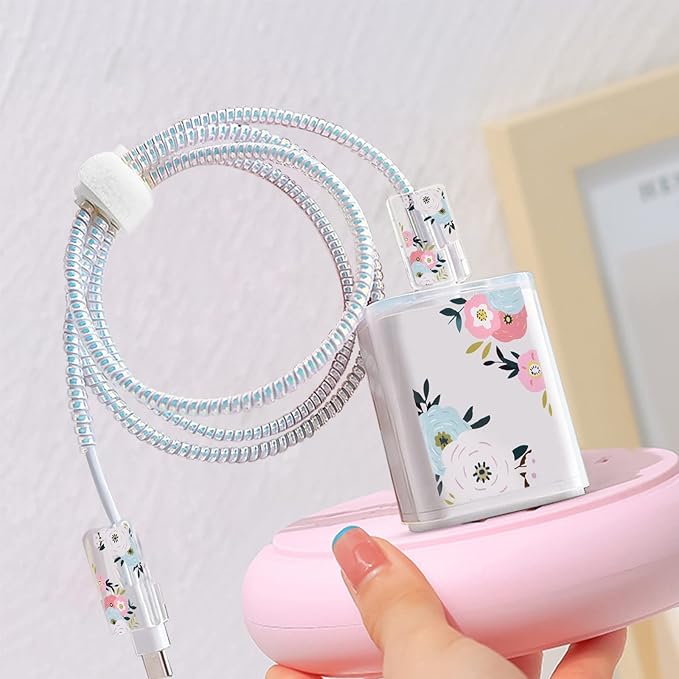 Cute Floral Phone Charger Storage Case Cover Set Colorful White Camellia Flowers Pattern Carrying Bag with Cable Protector Cord Organizer, Lightning Cable Chomper,Charger Saver Compatible for iPhone