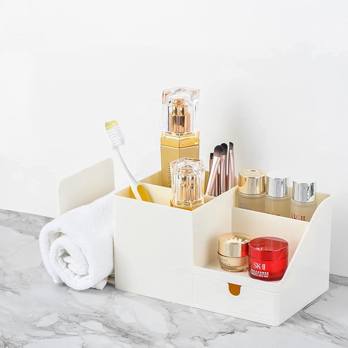 Desk Organizer with Bookshelf White Desktop Organizers and Accessories Bookends Multifunctional Office Stationary Organizer with Drawer Plastic Makeup Storage Box (Small, Beige)