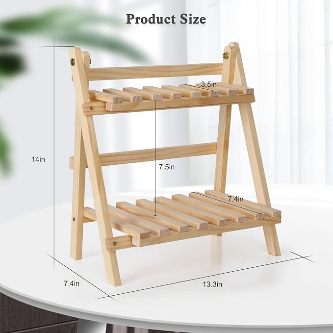 Jotsport 2-Step Desktop Storage Organizer Foldable 2 Tier Ladder Plant Stand Wood Display Shelf Decorative Storage Rack for Table Top