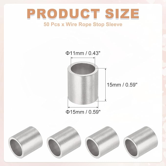 uxcell 3/8"(10mm) Aluminum Crimping Loop Sleeve, Wire Rope Stop Sleeve Round Crimp Ferrules for Wire Rope and Cable Ferrule, Silver 50Pcs
